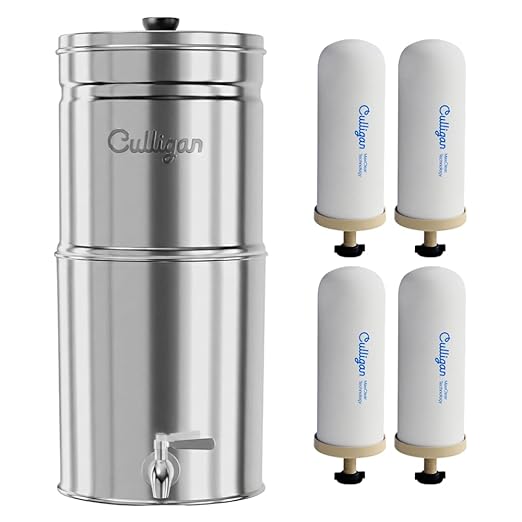 Culligan MaxClear 2.25 Gallon Gravity Water Filter System, Polished Stainless-Steel Countertop Water Filter NSF/ANSI Certified to Reduce Microplastics, Lead & Total PFAS, with 4 Ceramic Filters
