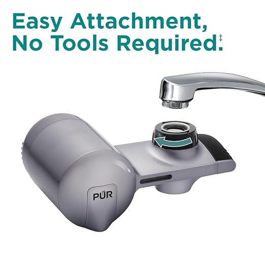 PUR Plus Horizontal Faucet Mount Filtration System with 3-in-1 Lead Reducing Filter, Water Filter for Sink, Lasts 100 Gallons, Compatible with Sinks with External Aerators, Metallic Grey