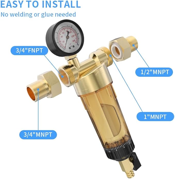 40 Micron Spin Down Sediment Water Filter, Sediment Filter with Automatic Cleaning Filter Screen, 1" MNPT + 1/2" FNPT+3/4" FNPT Reusable Well Water Whole House Filtration System.