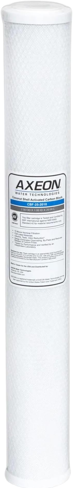 AXEON CBF-25-2005 Carbon Block Water Filter 2.5 x 20 Inch – 5 Micron Sediment Filter, Chlorine Taste Odor Reduction, 20-Inch Carbon Filter Cartridge for RO Systems, 200657