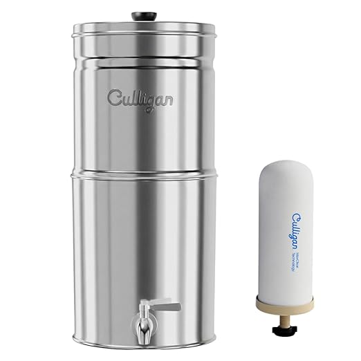 Culligan MaxClear 3 Gallon Gravity Water Filter System, Polished Stainless-Steel Countertop Water Filter NSF/ANSI Certified to Reduce Microplastics, Lead & Total PFAS, with 1 Ceramic Filter