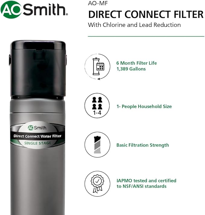 AO Smith Water Filter for Sink Faucet - Basic Direct Connect Under Sink Water Filter System - Carbon Block Filter Reduces Up to 99% of 9 Harmful Contaminants - AO-MF