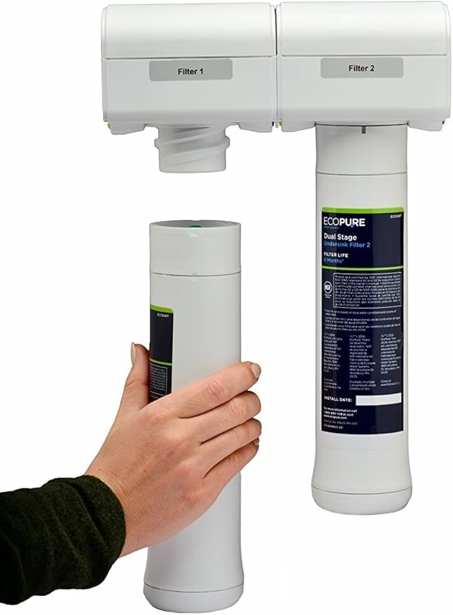 EcoPure ECOP20 2 Stage Under Sink Water Filter System – NSF-Certified to Reduce 58 Contaminants – Clean Drinking Water – Easy Filter Changes – Includes Chrome Faucet & Filters