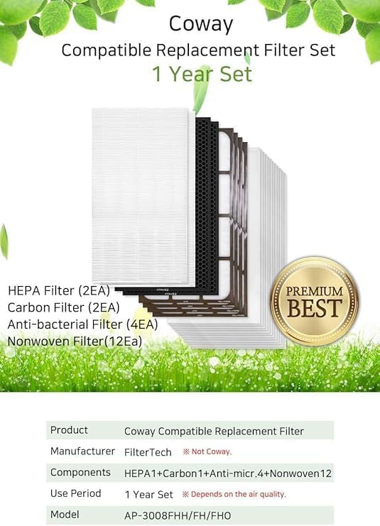 Air Purifier Filter Replacement Compatible with Coway AP-3008FHH / FH/FHO (1 Year Set)