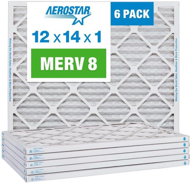 Aerostar 12x14x1 MERV 8 Air Filter, Pleated AC Furnace HVAC Filters (12x14x1), Electrostatically Charged for Allergies Dust Pet Dander Pollen Mold Lint, MPR 600 FPR 5, USA, 6 Pack