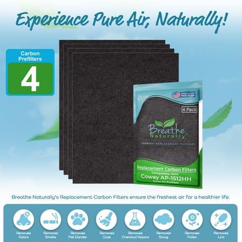 Breathe Naturally Replacement Filter Compatible with Coway AP-1512HH Series Air Purifiers - Air Purifier Carbon Filter - Activated Charcoal Filter Sheets - 15”x13”x0.2” (Pack of 4 Carbon Prefilters)