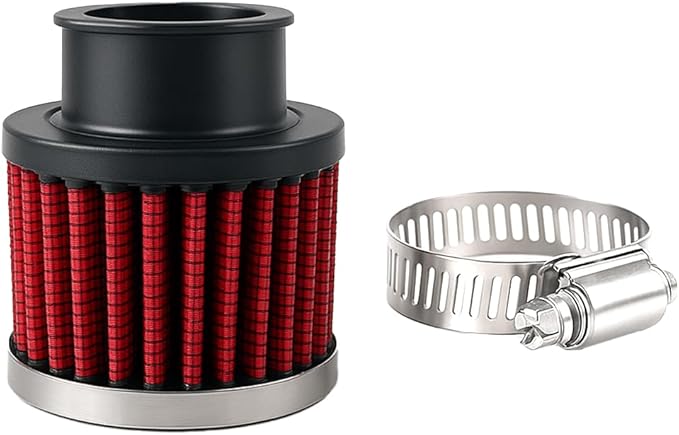 Car Air Intake Filter, 1" 25mm Inlet Valve Cold Air Intake Filter Cleaner with Adjustable Clamp, Hight Flow Performance Auto Crankcase Breather Filter Replacement, Universal Fit (Red)
