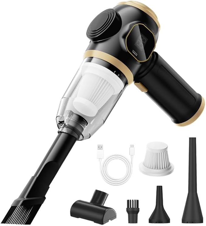 Mini Car Vacuum 15000Pa Portable Cordless Handheld Vacuum Cleaner and Air Duster with 2 Filter for Car, Sofa, Office, Pet, Home (Black & Gold)