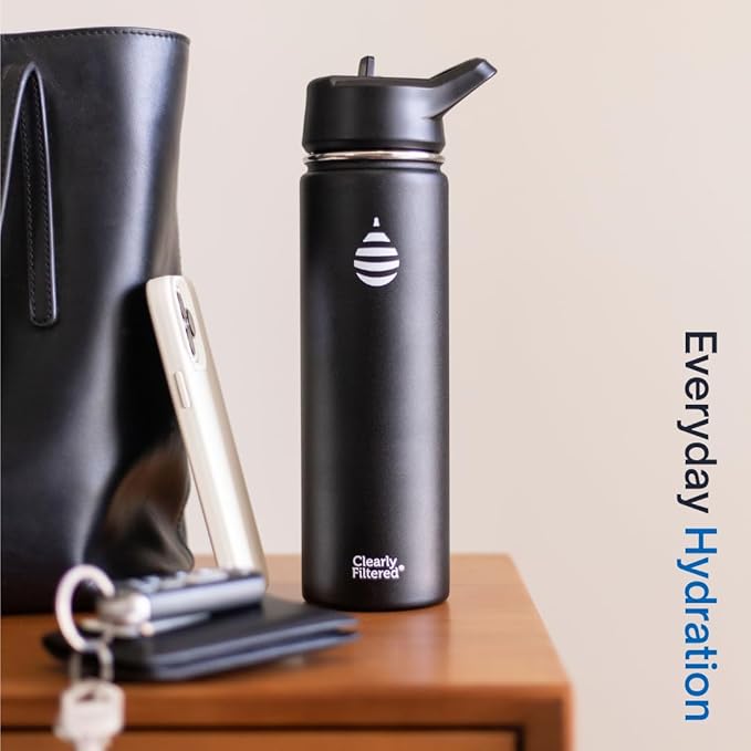 Clearly Filtered Water Bottle | Removes 200+ Contaminants, Double-Wall Insulated Stainless Steel, BPA/BPS Free, Phthalate Free, Filters Flouride Lead Chlorine (20oz, Crimson)