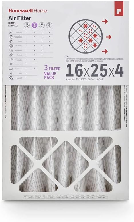 Honeywell Home 16x25x4 MERV 8, AC Furnace Air Filter, 3 PACK (CF408F1625-3PKAM) (Actual Dimensions: 15.63 x 24.75 x 4.38 in.)