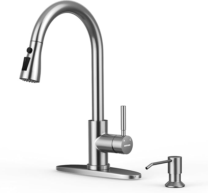 WEWE Kitchen Faucet with Soap Dispenser and Pull Down Sprayer, RV Single Handle Classic 3 Modes Stainless Steel Faucet for Kitchen Sink, RV, Stainless Steel