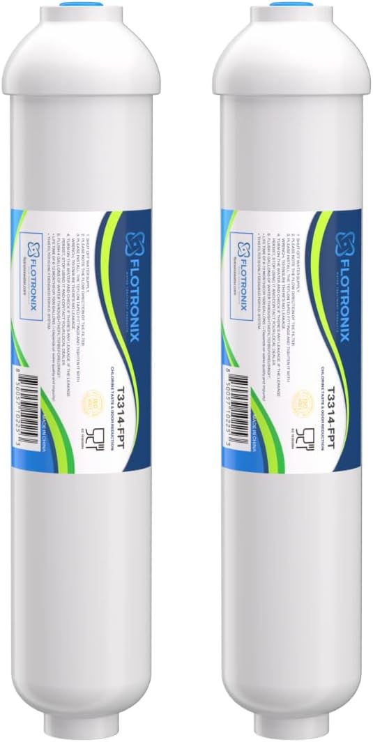 Flotronix 10" x 2" Inline Carbon Water Filter – 1/4" Female Threaded In/Out – Post RO Filter for Ice Maker, Refrigerator, Under-Sink – Removes Chlorine, Taste & Odor – 2 Pack