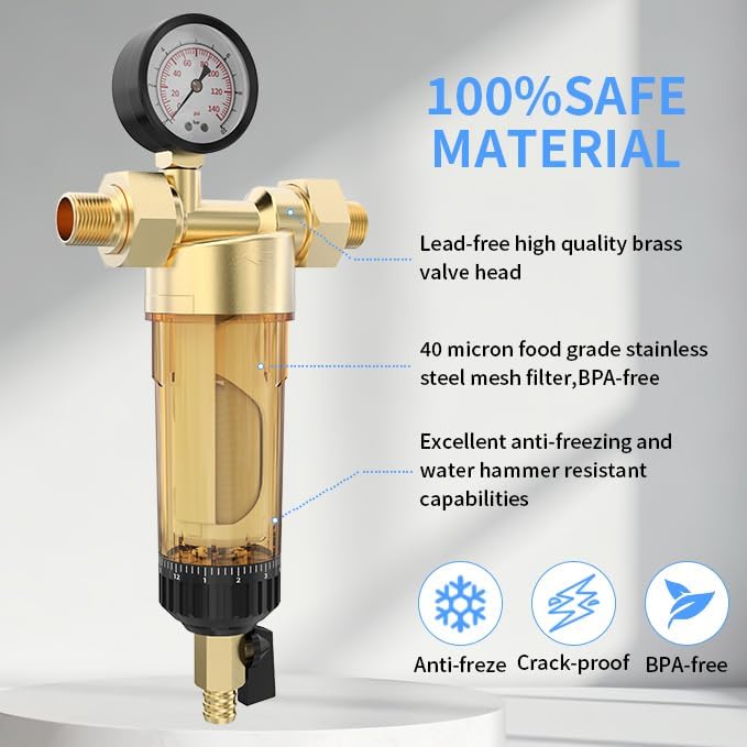 40 Micron Spin Down Sediment Water Filter, Sediment Filter with Automatic Cleaning Filter Screen, 1" MNPT + 1/2" FNPT+3/4" FNPT Reusable Well Water Whole House Filtration System.