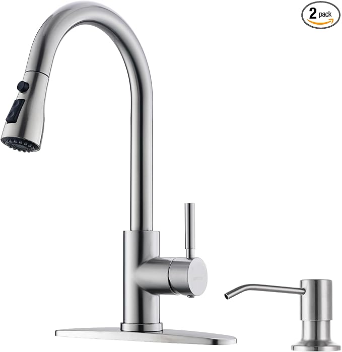 WEWE Kitchen Sink Faucet with Soap Dispenser, Kitchen Faucet with Pull Down Sprayer 3 Modes Stainless Steel Single Handle Single Hole Pull Out Brushed Nickel Faucet for Bar Laundry RV Utility Sink