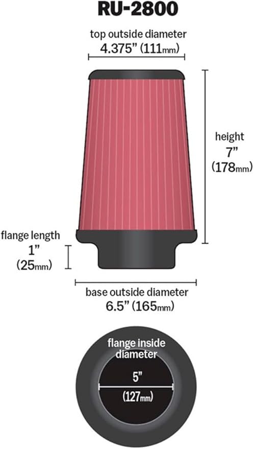 K&N High-Flow Original Lifetime Universal Clamp-On Air Filter: High Performance, Premium, Washable: Flange Diameter: 5 In, Filter Height: 7 In, Flange Length: 1 In, Shape: Round Tapered, RU-2800