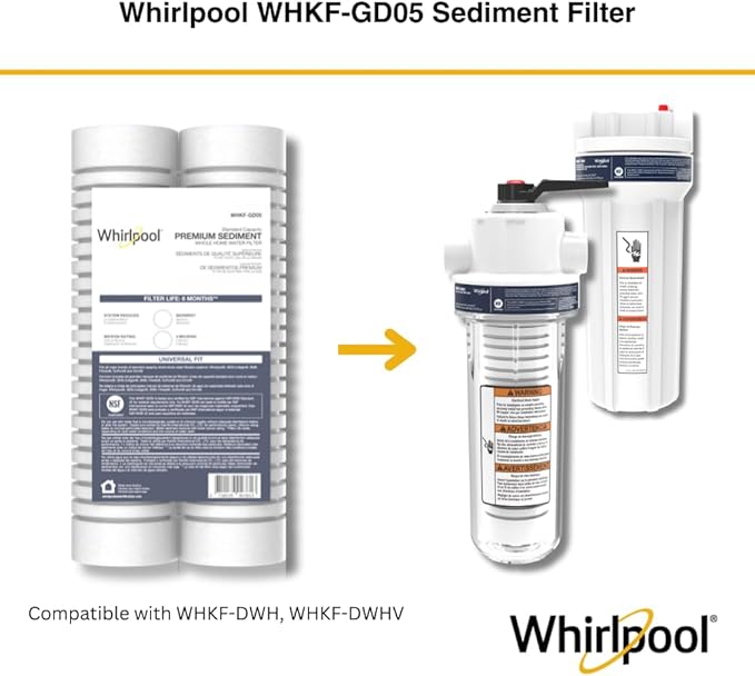 Whirlpool 10" x 2.5" Whole House Sediment Water Filters. WHKF-GD05 Grooved Filter, 5 Micron, NSF Certified Reduces Sand, Soil, Silt & Rust for Standard Filter Housings, 24-Pack