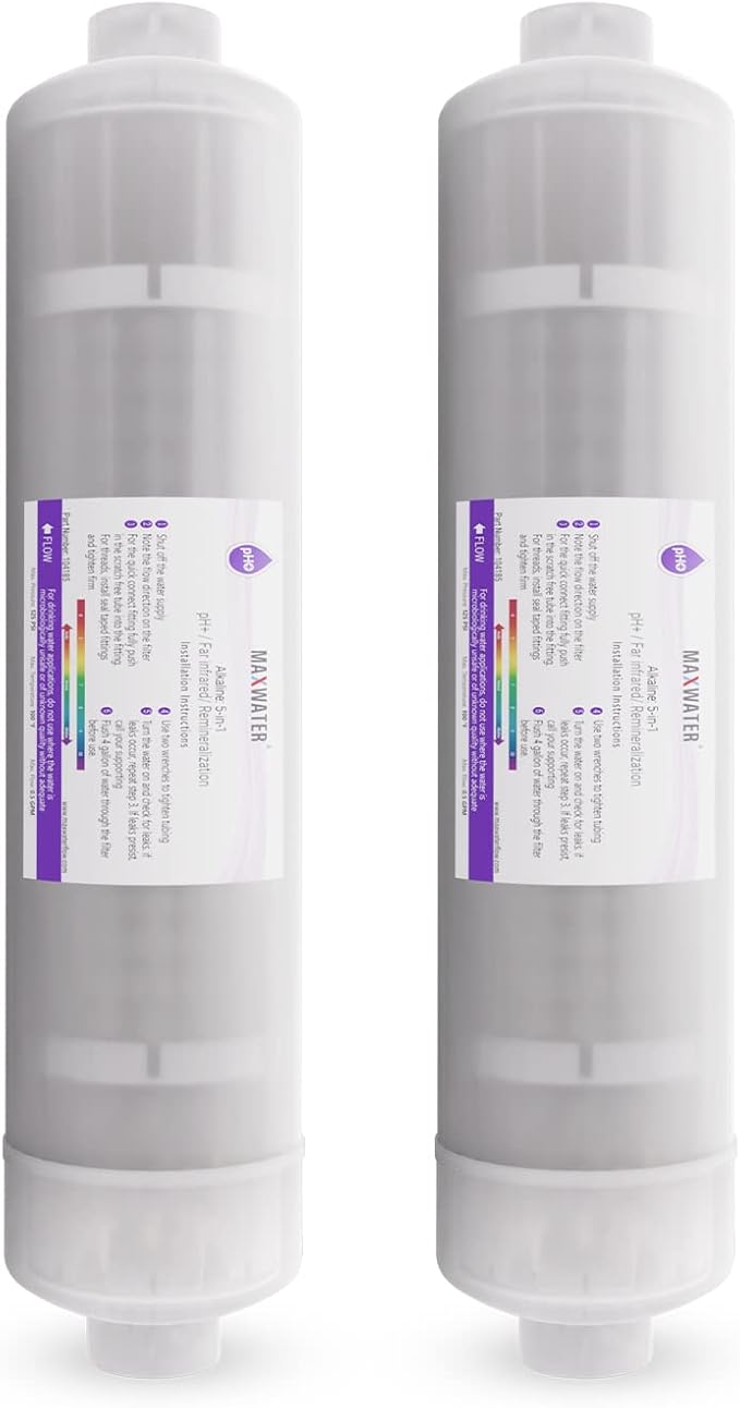 (2 Pack) Ph+ Alkaline, Mineral, Far infrared 5 in 1 Max Water filter, compatible with most pH Reverse Osmosis Water Filtration Systems