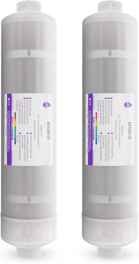 (2 Pack) Ph+ Alkaline, Mineral, Far infrared 5 in 1 Max Water filter, compatible with most pH Reverse Osmosis Water Filtration Systems