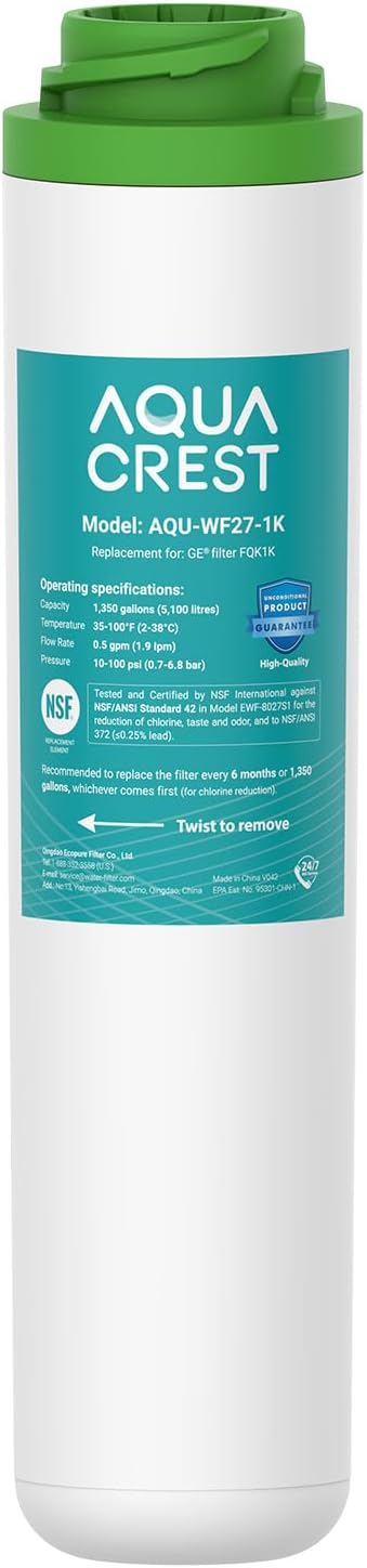 AQUA CREST FQK1K Under Sink Water Filter, Replacement for GE FQK1K, FQK2J, GXK185K and GX1S50R, NSF/ANSI 42 372 Certified, Reduces Chlorine, Taste&Odor, 1350 Gallons (Pack of 1)