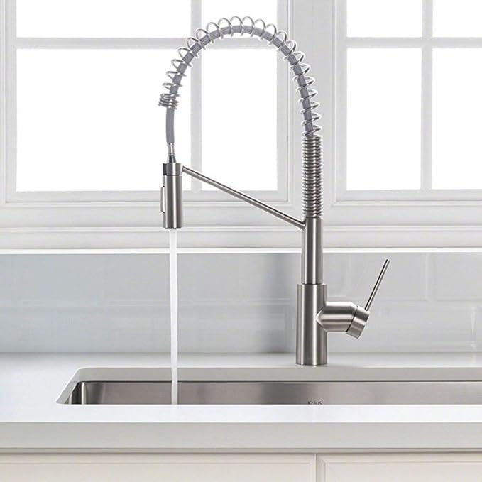 KRAUS Oletto Commercial Style Single Handle Pull Down Kitchen Faucet with QuickDock Top Mount Installation Assembly in Spot Free Stainless Steel, KPF-2631SFS