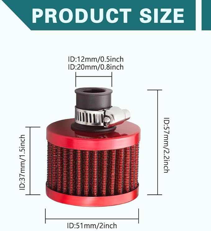 12mm Air Filter Intake Filter Breather, Valve Cover Breather, Mini Universal Motor Cone Cold Clean Air Intake Filter Turbo Vent Breather, Vehicle Engine Air Filters Suitable for Cars Motorcycles