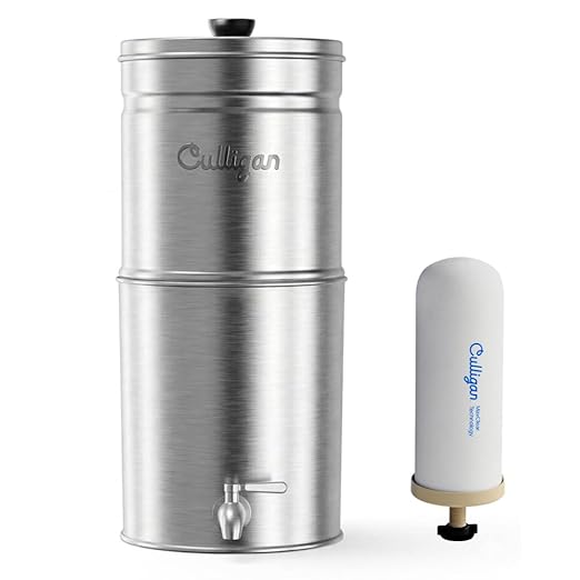 Culligan MaxClear 3 Gallon Gravity Water Filter System, Brushed Stainless-Steel Countertop Water Filter NSF/ANSI Certified to Reduce Microplastics, Lead & Total PFAS, with 1 Ceramic Filter
