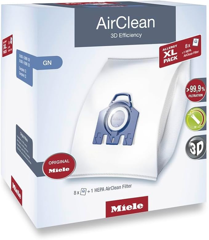 Miele AirClean 3D Efficiency Dust Bag, Type GN, Allergy XL-Pack, 8 Bags, 2 Pre-Motor Filters, and 1 HEPA Filter