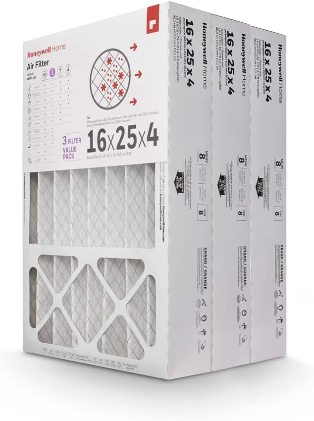 Honeywell Home 16x25x4 MERV 8, AC Furnace Air Filter, 3 PACK (CF408F1625-3PKAM) (Actual Dimensions: 15.63 x 24.75 x 4.38 in.)