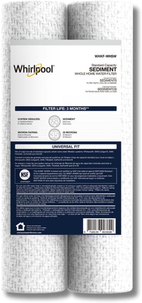Whirlpool 35-Micron 10" x 2.5" String Wound Whole House Water Filters, NSF Certified Filtration Reduces Sediment for Well Water, WHKF-WHSW, 2-Pack