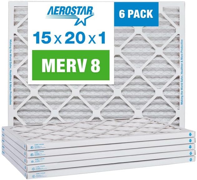 Aerostar 15x20x1 MERV 8 Air Filter, Pleated AC Furnace HVAC Filters (14.5x19.5x0.75), Electrostatically Charged for Allergies Dust Pet Dander Pollen Mold Lint, MPR 600 FPR 5, USA, 6 Pack