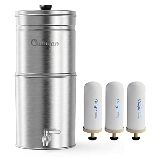 Culligan MaxClear 3 Gallon Gravity Water Filter System, Brushed Stainless-Steel Countertop Water Filter NSF/ANSI Certified to Reduce Microplastics, Lead & Total PFAS, with 3 Ceramic Filters