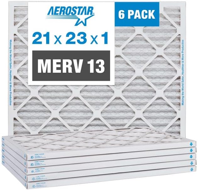 Aerostar 21x23x1 MERV 13 Air Filter, Pleated AC Furnace HVAC Filters (20.875x22.875x0.75), for Allergies Asthma Dust Pet Dander Pollen Smoke Bacteria, MPR 1200 FPR 7, USA, 6 Pack
