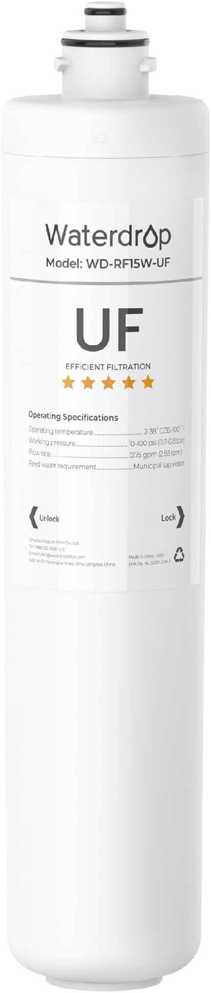 Waterdrop RF15W-UF 0.01 Micron Water Filter, Reduces Lead, Chlorine, Bad Taste & Odor, 19K Gallons High Capacity, Replacement for Waterdrop Under Sink Water Filtration System, White