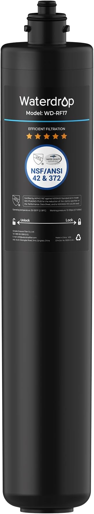 Waterdrop RF17 Replacement Filter Cartridge For 17UA/17UB Under Sink Water Filter, Reduces PFAS, PFOA/PFOS, Lead, Chlorine, Bad Taste & Odor, NSF/ANSI 42 Certified, 24K Gallons High Capacity