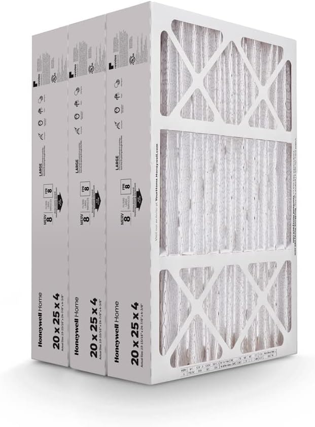 Honeywell Home 20x25x4 MERV 8, AC Furnace Air Filter, 3 PACK (CF100A1025-3PKAM) (Actual Dimensions: 19.94 x 24.87 x 4.38 in.)