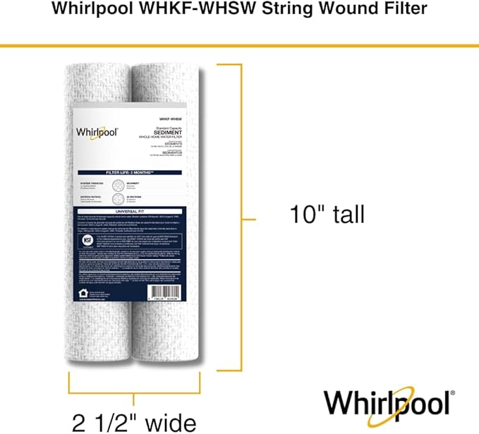 Whirlpool 10" x 2.5" Whole House Sediment Water Filters, WHKF-WHSW, 35 Micron, NSF Certified Reduces Sand, Soil, Silt & Rust for Standard Filter Housings, 24-Pack