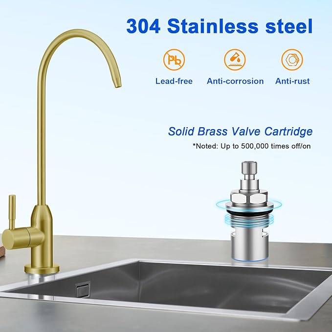 Drinking Water Faucet - Long Thread Stem Filtered Water Tap for Thick Countertop,Lead-Free RO Faucet with Hose and Quick Connect Fittings(Matte Gold)