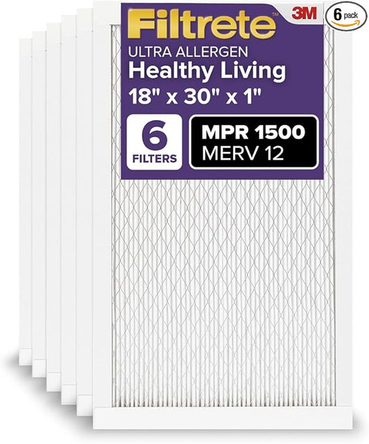 Filtrete 18x30x1 AC Furnace Air Filter, MERV 12, MPR 1500, CERTIFIED asthma & allergy friendly, 3 Month Pleated 1-Inch Electrostatic Air Cleaning Filter, 6-Pack (Actual Size 17.81x29.81x0.78 in)