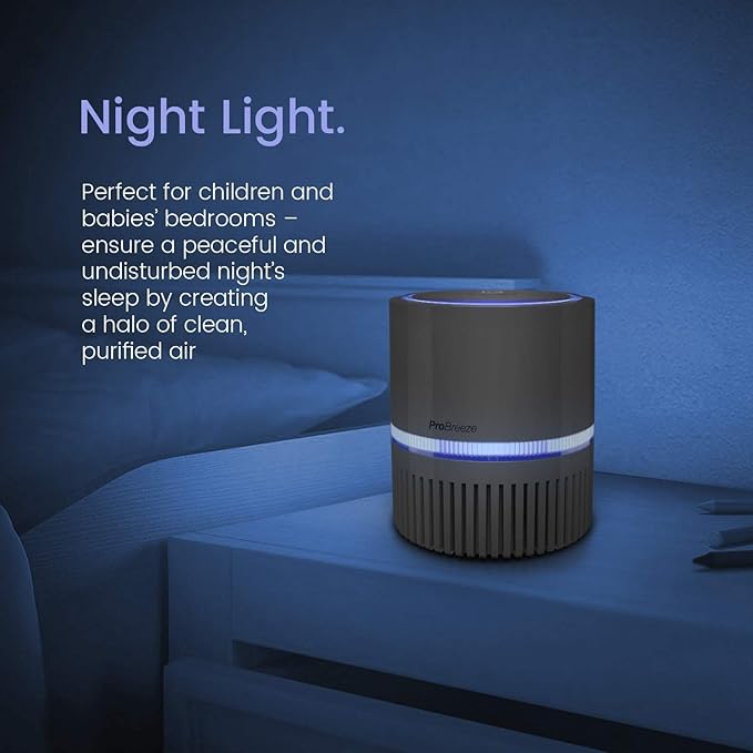 Pro Breeze Small Air Purifier HEPA - Air Purifier with True HEPA Filter, 99.7% Smoke, Dust, Pollen, with Night Light and Negative Ion Generator - Desktop Air Purifiers for Bedroom, Room, Home Office