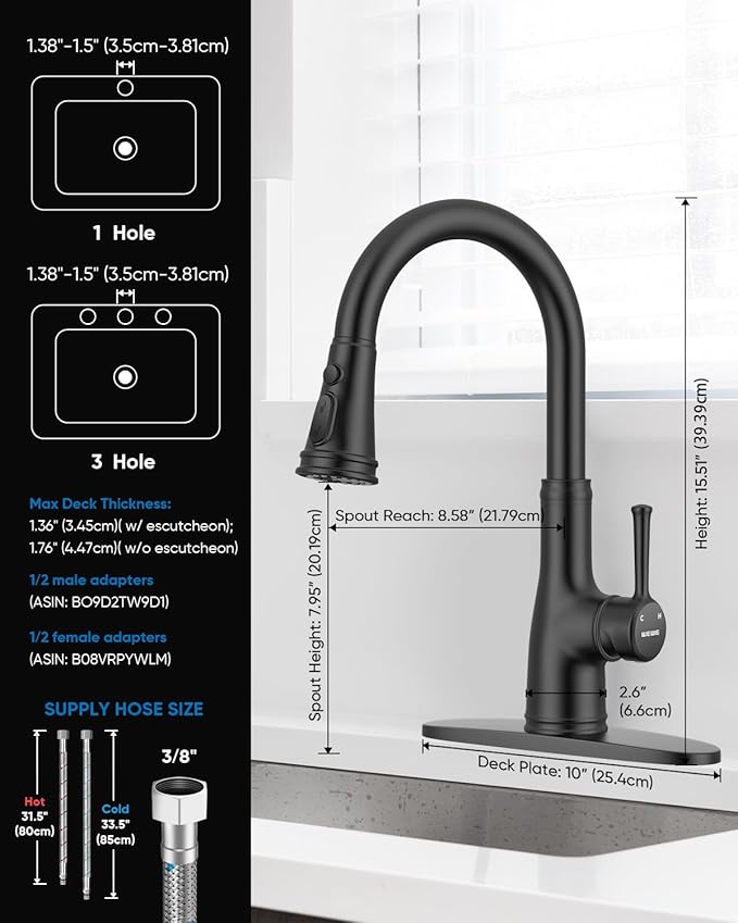 WEWE Vintage Kitchen Faucet with Pull Down Sprayer, Stainless Steel 1 or 3 Hole High Arc Single Handle Antique Sink Faucet for Classic Modern Ktichen, Matte Black Bar & Prep Sinks