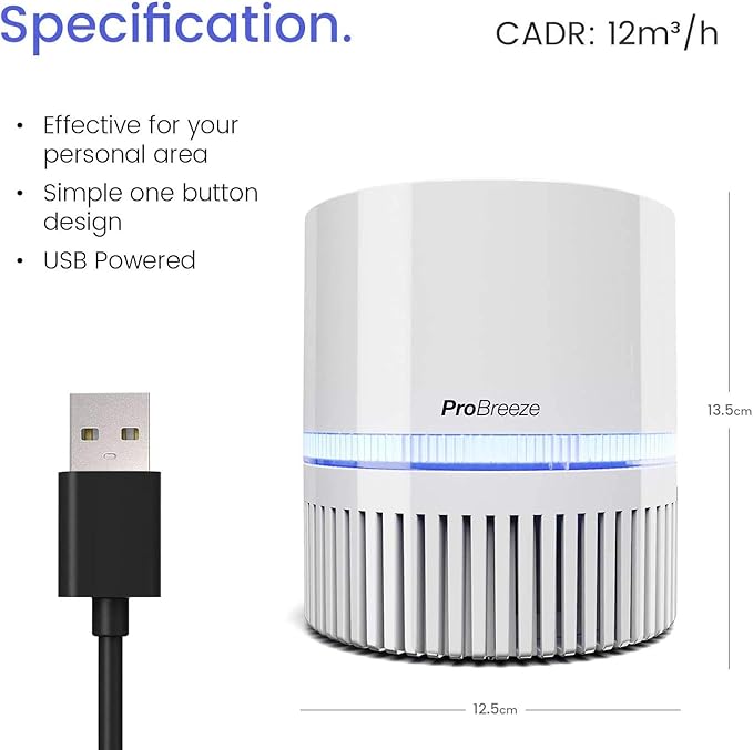 Pro Breeze Small Air Purifier HEPA - Air Purifier with True HEPA Filter, 99.7% Smoke, Dust, Pollen, with Night Light and Negative Ion Generator - Desktop Air Purifiers for Bedroom, Room, Home Office