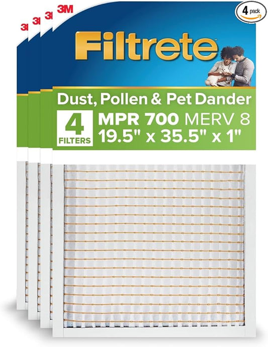 Filtrete 19.5x35.5x1 AC Furnace Air Filter, MERV 8, MPR 700, Tough on Pollen, Easy on Airflow, 3-Month Pleated 1-Inch Electrostatic Air Cleaning Filter, 4-Pack (Actual Size 19.56 x 35.31 x 0.65 in)