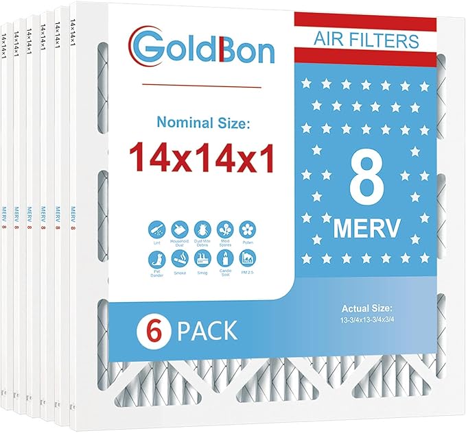 14x14x1 Air Filter 6 Pack MERV 8 MPR 700 FPR 5- GoldBon AC Filter USA Design- Electrostatic Pleated Air Conditioner HVAC AC Furnace Filters for Pollen, Smoke,Pet Dander