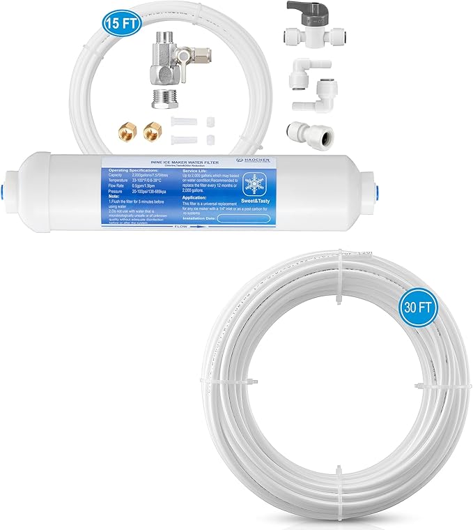 Inline Water Filter Kit for Ice Maker and Refrigerator,Include Feed Water Valve + 30FT 1/4 Inch O.D.RO Water Tubing