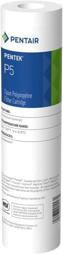 Pentair Pentek P5 Sediment Water Filter, 10-Inch, Under Sink Spun-Bonded Polypropylene Replacement Cartridge, 10" x 2.5", 5 Micron