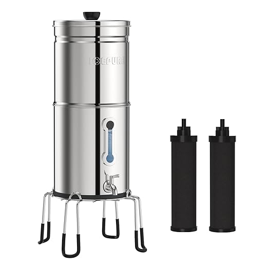 ICEPURE 3-Stage Gravity Water Filter System with Water Level Window, 304 Stainless Steel Countertop Gravity fed Water Filtration System with 2 Filters and Stand, Reduce 99% Chlorine, 3G High Capacity