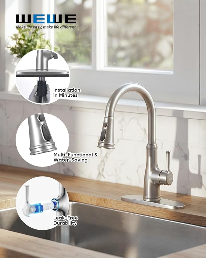 WEWE Vintage Kitchen Faucet with Pull Down Sprayer, Stainless Steel 1 or 3 Hole High Arc Single Handle Antique Sink Faucet for Classic Modern Ktichen, Brushed Nickel Bar & Prep Sinks