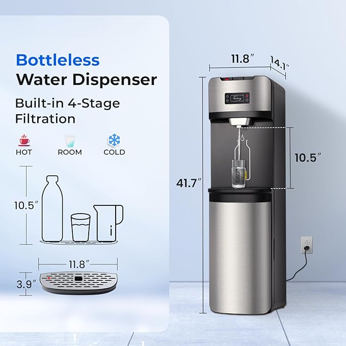 iSpring Bottleless Water Dispenser with 4-Stage Filtration, SGS-Tested 99% of PFAS Removal, Water Cooler Dispenser - Hot, Cold, Room Temp, Self Cleaning, Stainless Steel, Silver, Model: DS4S-PF