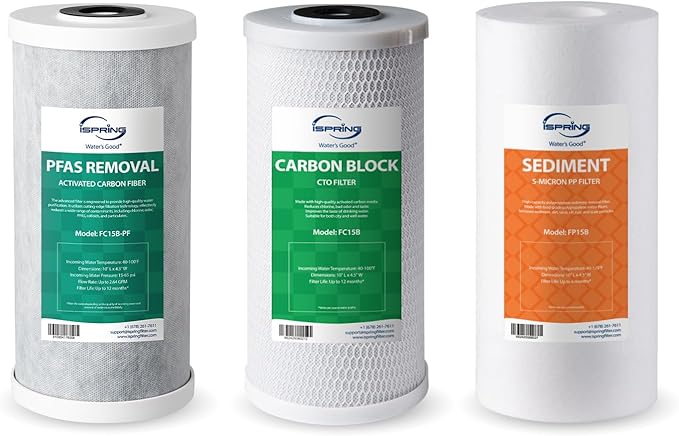 iSpring F3WGB31BPF Whole House Water Filter Replacement Pack, SGS-Tested, Remove up to 99% PFAS, Sediment, Chlorine, Taste & Odor, Up to 12 Months, 4.5” x 10”, Fits WGB31B-PF