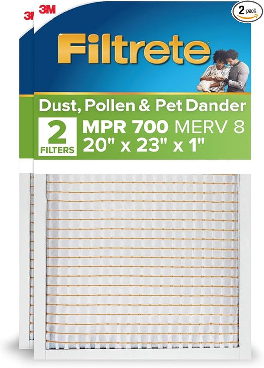 Filtrete 20x23x1 AC Furnace Air Filter, MPR 700, MERV 8, Tough on Pollen, Easy on Airflow, 3-Month Pleated 1-Inch Electrostatic Air Cleaning Filter, 2-Pack (Actual Size 19.69 x 22.69 x 0.81 in)